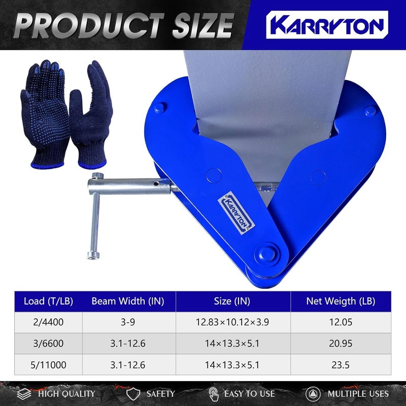 KARRYTON مشبك شعاع 11000LB/5طن، لرفع ورفع الأحمال، عرض حافة الشعاع 3.1-12.6 بوصة مشبك رفع شعاع I ثقيل لتحميل مع رافعة للبناء، الصناعة، المنزل والمرآب - Image 2